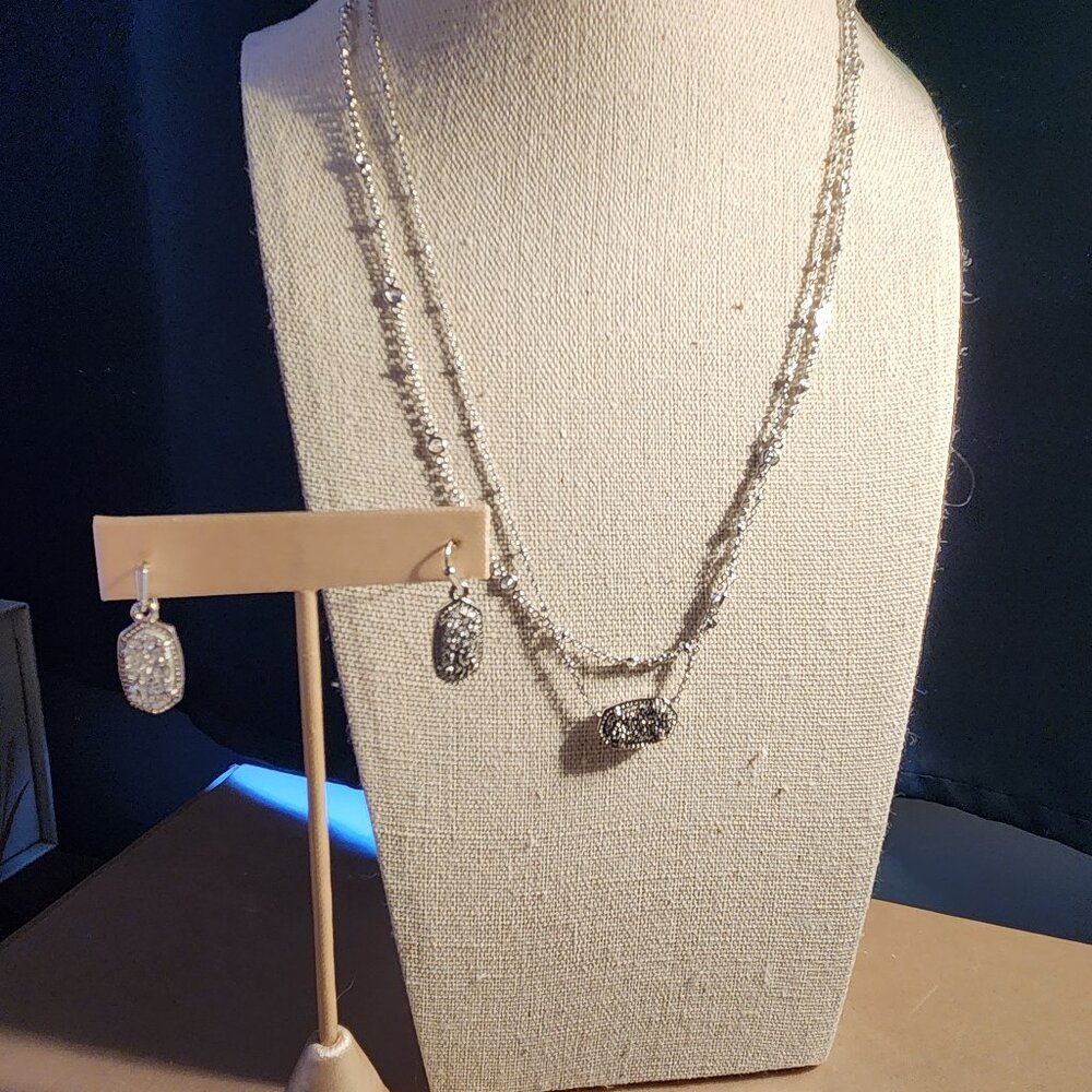 Kendra Scott set Platinum Drusy multi strand silver necklace and drop earrings